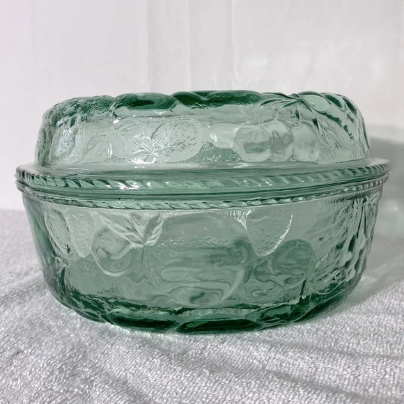Vintage Libbey Green Glass Orchard Fruit  Oven Proof Round Casserole W Lid - Picture 5 of 15